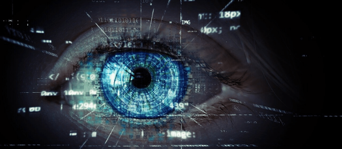 digital blue eye with binary numbers